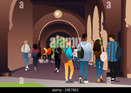 Un'illustrazione vettoriale degli studenti universitari nel campus Illustrazione Vettoriale