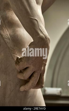 Frammento del famoso David di Michelangelo nella Galleria dell'Accademia di Firenze Foto Stock