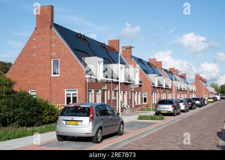Strada con moderne case monomarca di nuova costruzione con pannelli solari sul tetto nei Paesi Bassi. Energia sostenibile. Generazione di energia elettrica Foto Stock
