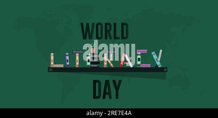 Giornata mondiale dell'alfabetizzazione 8 settembre, sfondo per il testo dell'alfabetizzazione sul design degli scaffali delle librerie. Illustrazione vettoriale. Illustrazione Vettoriale