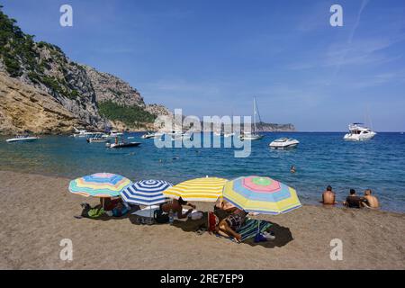 sombrillas en la playa de es Coll Baix, a los pies del Puig de sa Talaia, Alcudia, islas baleares, Spagna Foto Stock