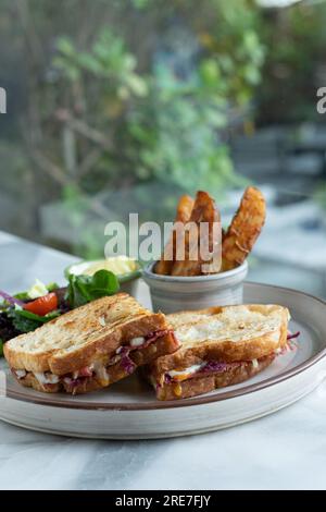 Panini sandwich Burger. Patate fritte con insalata e salsa. Sfocatura della vista superiore dello sfondo Foto Stock