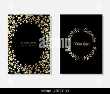 Set vettoriale di carte di lusso, modelli con fiori scintillanti dorati per compleanno, matrimonio, invito per anniversario Illustrazione Vettoriale