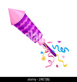 Razzo fuochi d'artificio coriandoli saluti petard viola piatto. Attrezzatura per la celebrazione del festival giocattolo esplosivo festa di compleanno celebra gli strumenti dei pompieri, il pirotecnico, il nastro colorato e isolato Illustrazione Vettoriale