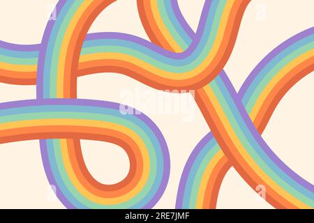 Sfondo disegnato a mano astratto con strisce curve colorate dell'arcobaleno. Sfondo vettoriale retrò in stile hippy anni '60-'70. Stampa a righe hippie vintage Illustrazione Vettoriale