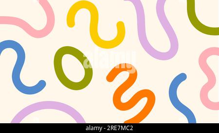 Design astratto con forme e linee colorate disegnate a mano. Semplice sfondo di scarabocchi infantili con elementi luminosi e carini. Divertente motivo minimale Illustrazione Vettoriale