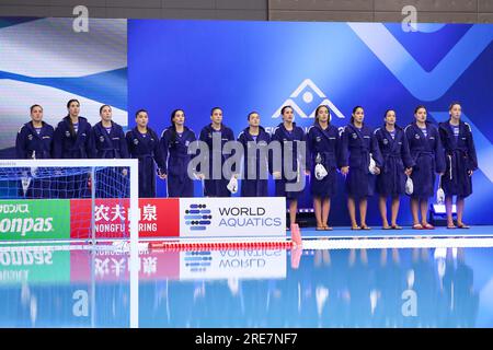 Fukuoka, Giappone. 26 luglio 2023. FUKUOKA, GIAPPONE - LUGLIO 26: Schiera Greeece durante il World Aquatics Championships 2023 Women's Waterpolo Classification 5th-8th Place match tra Grecia e Ungheria il 26 luglio 2023 a Fukuoka, Giappone (foto di Albert Ten Hove/Orange Pictures) credito: Orange Pics BV/Alamy Live News Foto Stock