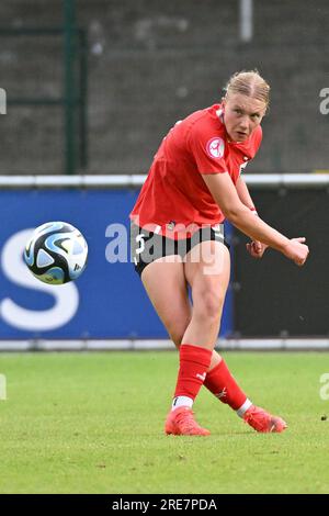 La Louviere, Belgio. 24 luglio 2023. Nella foto, durante una partita di calcio femminile tra le nazionali femminili under 19 dell'Austria e del Belgio al Torneo finale UEFA Women's Under-19 EURO il terzo giorno del gruppo A di martedì 24 luglio 2023 a la Louviere, in Belgio. Credito: Sportpix/Alamy Live News Foto Stock