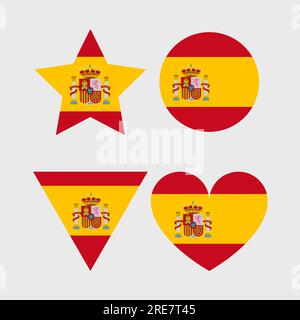 Spagna flag vettoriale icone insieme di illustrazioni a forma di cuore, stella, cerchio e mappa. Illustrazione Vettoriale