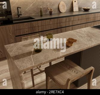 Design d'interni di appartamenti in stile scandinavo e luminoso giapponese. Cucina di colore marrone con armadietto in legno, ripiano in marmo dell'isola da vicino. 3d. Foto Stock