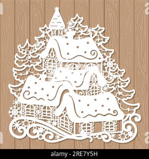 Dima per taglio laser. Paesaggio invernale natalizio. Vettore Illustrazione Vettoriale