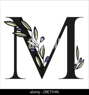 Lettera alfabetica con rametto di olive per decorare il biglietto o l'invito di nozze. Illustrazione vettoriale disegnata a mano per la progettazione Illustrazione Vettoriale