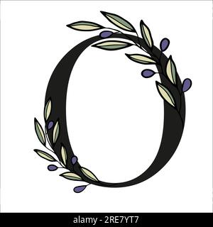 Lettera alfabetica con rametto di olive per decorare il biglietto o l'invito di nozze. Illustrazione vettoriale disegnata a mano per la progettazione Illustrazione Vettoriale