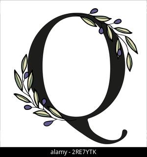 Lettera alfabetica con rametto di olive per decorare il biglietto o l'invito di nozze. Illustrazione vettoriale disegnata a mano per la progettazione Illustrazione Vettoriale