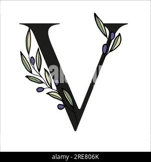 Lettera alfabetica con rametto di olive per decorare il biglietto o l'invito di nozze. Illustrazione vettoriale disegnata a mano per la progettazione Illustrazione Vettoriale