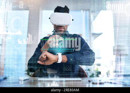 Realtà virtuale, ologramma smart Watch e uomo d'affari che digita, scorri e controlla il dashboard ai, l'hud AR o la sovrapposizione dati. Trasformazione digitale, VR Foto Stock