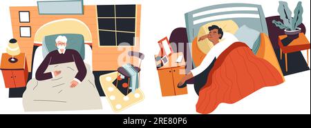 I personaggi che dormono sotto le coperte, le persone isolate nelle camere da letto con interni di design. Sognare personalizza riposare e ricaricare l'energia. Ora di andare a dormire Illustrazione Vettoriale