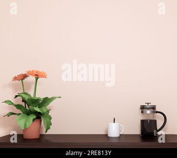 Parete rosa vuota e oggetti sul tavolo. Wall art mockup, rendering 3D. Foto Stock