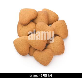 Vista dall'alto dei biscotti a forma di cuore isolati su bianco Foto Stock