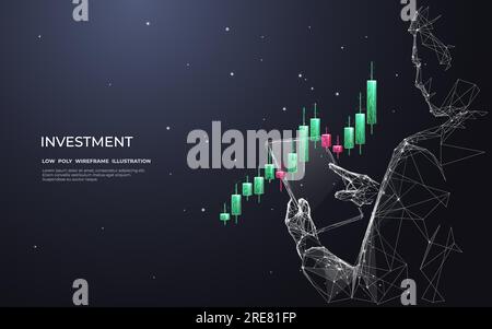 L'uomo d'affari ha in mano un tablet con un ologramma del candelabro del mercato azionario Illustrazione Vettoriale