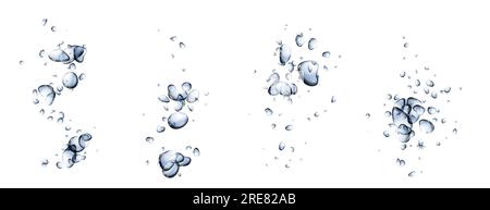 Gocce d'acqua, bolle d'aria sott'acqua nella soda, bevanda frizzante isolata su sfondo bianco. Effetto spruzzi d'acqua, bolle di gas in mare, acquario, illustrazione vettoriale realistica Illustrazione Vettoriale
