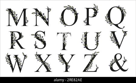 Lettera alfabetica con rametto di olive per decorare il biglietto o l'invito di nozze. Illustrazione vettoriale disegnata a mano per la progettazione Illustrazione Vettoriale