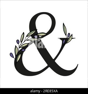 Lettera alfabetica con rametto di olive per decorare il biglietto o l'invito di nozze. Illustrazione vettoriale disegnata a mano per la progettazione Illustrazione Vettoriale