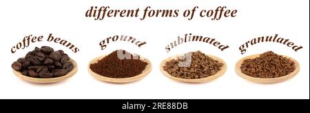Chicchi di caffè, caffè macinato e caffè solubile e granulato su piattini di legno. Diverse forme di caffè su piattini di legno su un bianco Foto Stock
