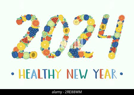 I numeri dell'anno 2024 sono fiancheggiati da frutti e bacche dai colori vivaci. Biglietto d'auguri di Capodanno sano. Ananas, fragola, lime, pera... Illustrazione Vettoriale
