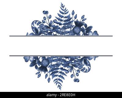 Blu monocromatico. Cornice illustrativa ad acquerello con felce, levi e bacche rosse isolate su sfondo bianco. Striscione con erbe. Clip art dipinta a mano Foto Stock