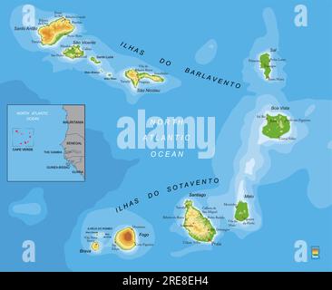 Mappa fisica molto dettagliata di Capo Verde in formato vettoriale, con tutte le forme di rilievo, le regioni e le grandi città. Illustrazione Vettoriale