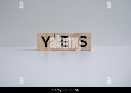 I blocchi di legno formano il testo "SÌ" su sfondo bianco. Foto Stock