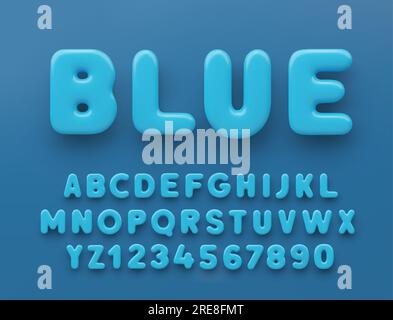 Alfabeto blu 3D con numeri con superficie lucida su sfondo blu Illustrazione Vettoriale