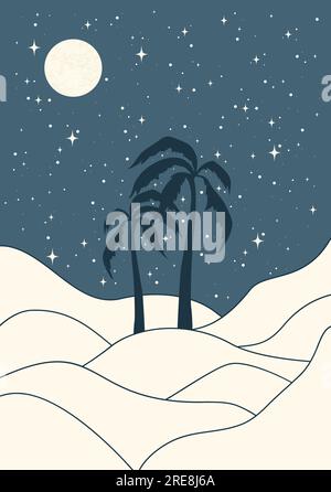 Paesaggio desertico - palme nelle dune notturne illustrazione stampabile Illustrazione Vettoriale