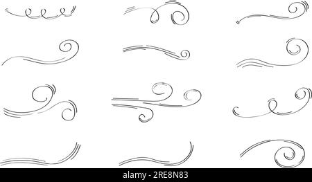 Set di icone vento Doodle. Doodle disegnato a mano con elementi a vortice. Vento soffia, vento, aria condizionata, flusso masse d'aria Illustrazione Vettoriale