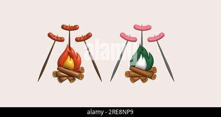 Illustrazione 3D. Salsicce spiedate grigliate al fuoco. campeggio per viaggi di cucina Illustrazione Vettoriale