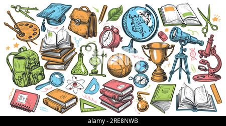 Set di articoli per la scuola. Raccolta di materiale didattico. Ritorno a scuola, illustrazione del vettore concettuale Illustrazione Vettoriale