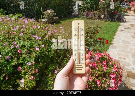 Termometro nelle mani di una donna in un giardino Foto Stock