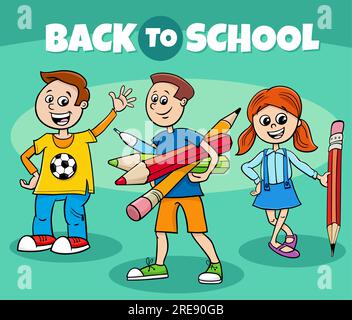 Illustrazione a cartoni animati dei personaggi dei bambini di età elementare con didascalia Back to School Illustrazione Vettoriale