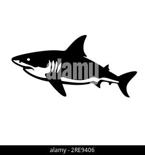 Illustrazione vettoriale di uno squalo silhouette nero. Sfondo bianco isolato. Icona profilo vista laterale pesce squalo. Illustrazione Vettoriale