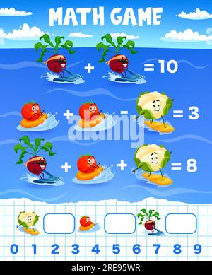 Foglio di lavoro del gioco matematico. Barbabietole da cartoni animati, pomodori e cavolfiori durante le vacanze estive. Educazione per bambini divertente gioco vettoriale con simpatico personaggio vegetale che cavalca lo ski jet, l'anello gonfiabile e il surf Illustrazione Vettoriale