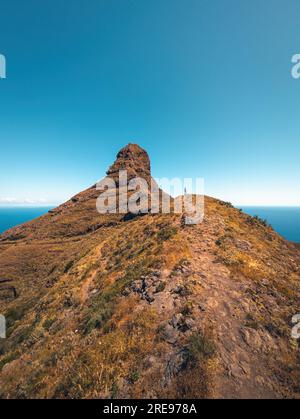 Vista panoramica della montagna di Tenerife, Spagna, con uno stretto sentiero che conduce alla vetta con cespugli selvatici ricoperti di vegetazione sotto il cielo blu senza nuvole e il mare lontano di giorno Foto Stock