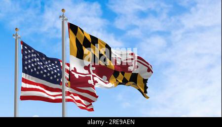 Bandiere del Maryland e degli Stati Uniti che sventolano al vento in una giornata limpida. Immagine patriottica e simbolica. rendering dell'illustrazione 3d. Tessuto svolazzante Foto Stock