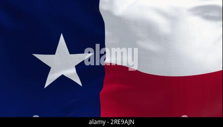 Primo piano della bandiera dello stato del Texas che sventola nel vento. Striscia verticale blu con stella bianca, strisce orizzontali bianche e rosse. Rendering dell'illustrazione 3D. Chiudere Foto Stock