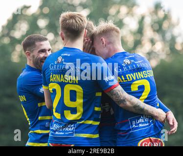 Park Hall, Oswestry, Shropshire, Inghilterra, 20 luglio 2023. KA Akureyri celebra il gol di Elfar Árni Aðalsteinsson durante il Quay Nomads Football Club V Knattspyrnufélag Akureyrar/ KA Akureyri nella prima fase di qualificazione della UEFA Europa Conference League 2023/2024, al Park Hall. (Immagine di credito: ©Cody Froggatt/Alamy Live News) Foto Stock