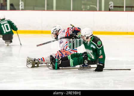 New England Warriors vs Spaulding Boston Shamrocks al torneo di hockey Hero's Cup Foto Stock