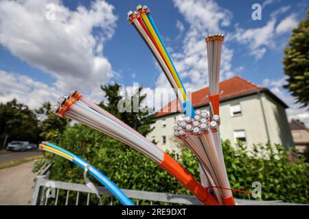 Zwenkau, Germania. 26 luglio 2023. I cavi in fibra ottica sporgono dalla base di un quadro di controllo. L'operatore di rete in fibra ottica della Germania orientale Envia Tel vuole collegare circa 80.000 famiglie a Internet ad alta velocità nei prossimi anni. Lo scopo è raggiungere larghezze di banda fino a 1 gigabit al secondo. Per questo sono previsti investimenti superiori a 350 milioni di euro entro il 2026. Crediti: Jan Woitas/dpa/Alamy Live News Foto Stock