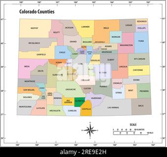 Mappa vettoriale amministrativa e politica dello stato del Colorado a colori Foto Stock