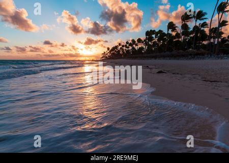 Costa dell'Oceano Atlantico all'alba, spiaggia di Bavaro, Repubblica Dominicana. Paesaggio costiero con sagome di palme e riflessi nelle onde della costa e. Foto Stock