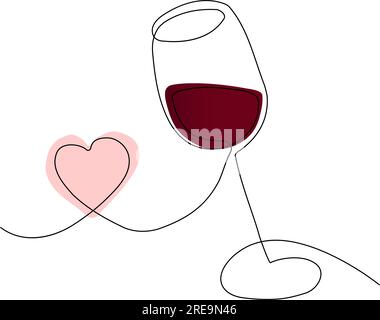 Bicchiere, bicchiere di vino in stile art-style, una linea continua. Giornata Nazionale del vino. Concetto natalizio, logo. Modello per sfondo, banner, scheda, poster con testo Illustrazione Vettoriale